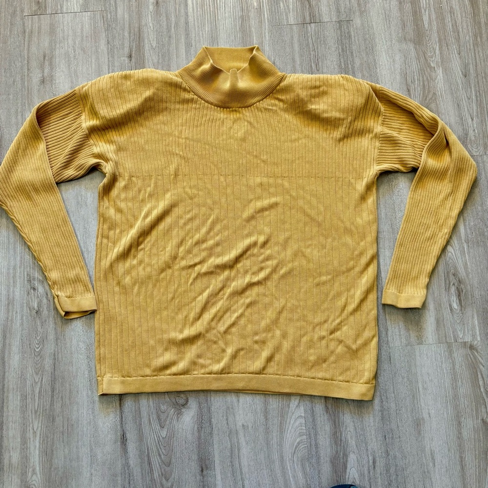 Preston & York Ribbed Mock Neck 100% Silk Sweater Gold Small Shoulder Pads *Flaw